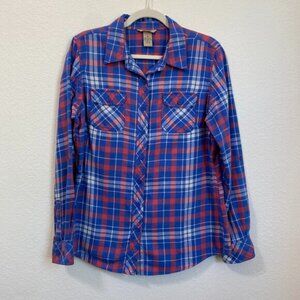 Duluth Trading Co Women's Crosscut Wicking Flannel Shirt Medium Blue Pink Plaid